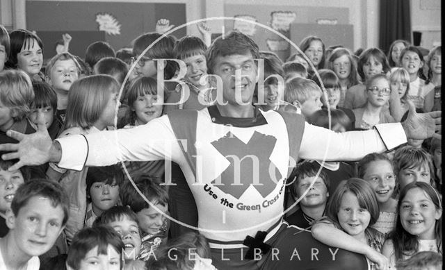 David Prowse, the Green Cross Man visits Moorlands Junior School, Bath 1981