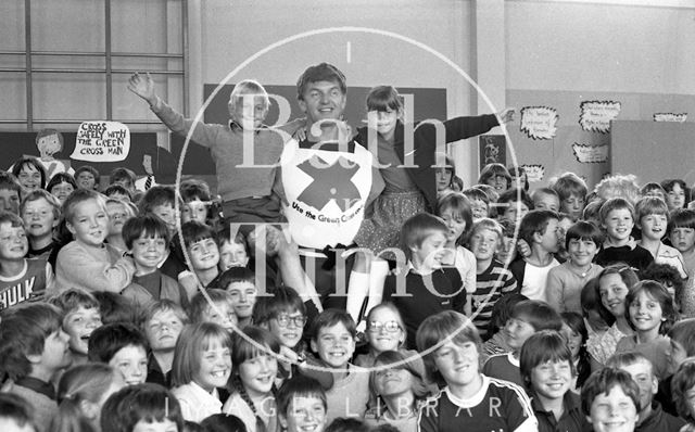 David Prowse, the Green Cross Man visits Moorlands Junior School, Bath 1981