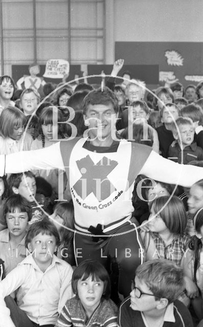 David Prowse, the Green Cross Man visits Moorlands Junior School, Bath 1981