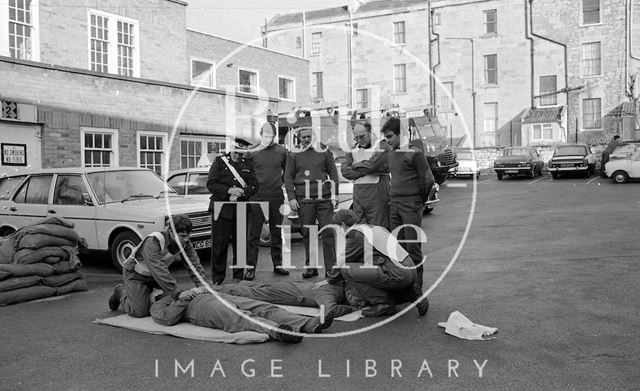 R.A.F. Crews practice first aid at the T.R. Centre, Upper Bristol Road, Bath 1977