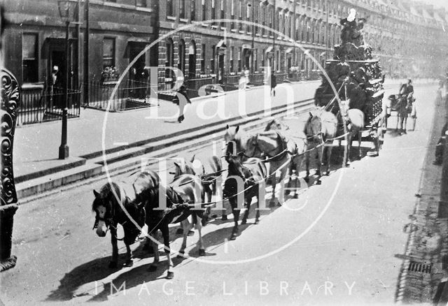 A heavily laden coach pulled by ten horses on The Paragon, Bath c.1910?