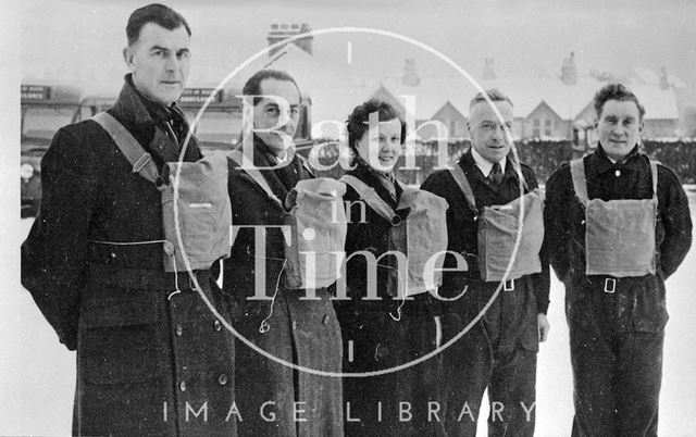 A group of unidentified wartime people in a snowy setting near Bath c.1940