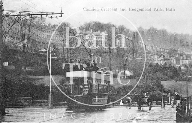 A tram passes Hedgemead Park with Camden Crescent in the background, Bath c.1900