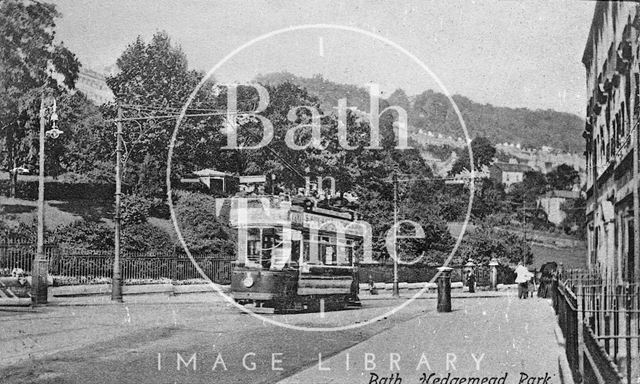 A tram passes Hedgemead Park with Camden Crescent in the background, Bath c.1900