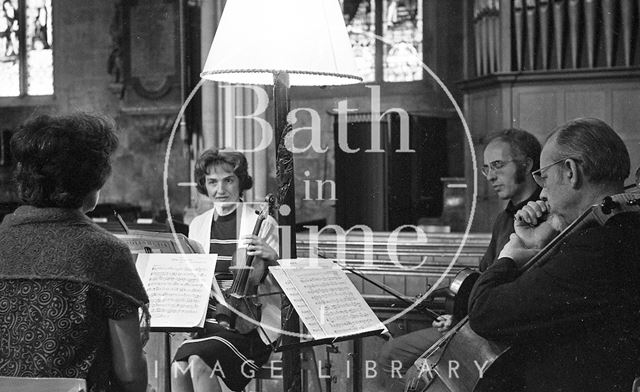 Rehearsals for the Bath Festival Wind and String Quartet at Holy Trinity Church, Bradford-on-Avon, Wiltshire 1971