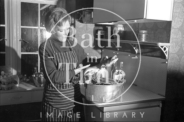 Mary Berry cooking fish at her home in Bath 1971