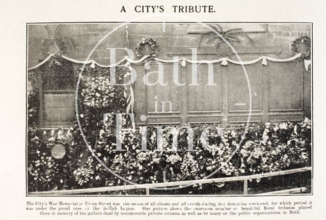 A City's Tribute, floral tributes at Bath's War Memorial, Union Street 1923