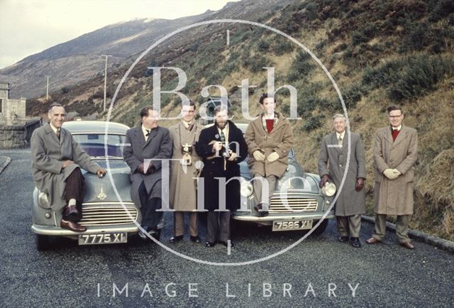 Seven photographers and two Morris Minors, Silent Valley Reservoir, Northern Ireland c.1959