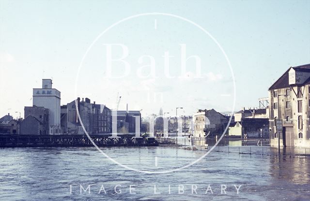 The flooded Broad Quay area and Bailey Bridge, Bath c.1963