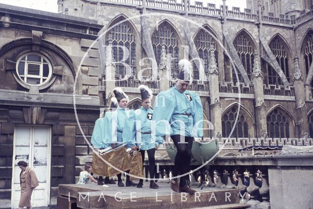 Bugle players at the Roman Baths at the Bath Festival, Bath 1965