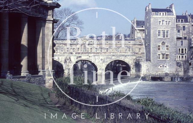 Pulteney Bridge and weir and the under croft of Grand Parade, Bath c.1965