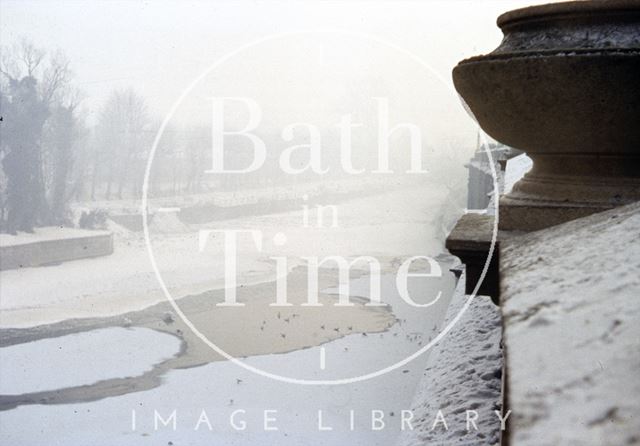 The frozen River Avon at Pulteney Bridge, Bath 1962