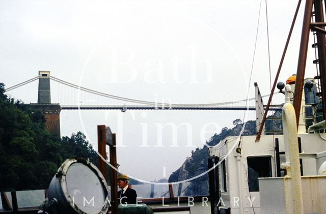 Sailing under the Clifton Suspension Bridge on the Avon Gorge, Bristol c.1960