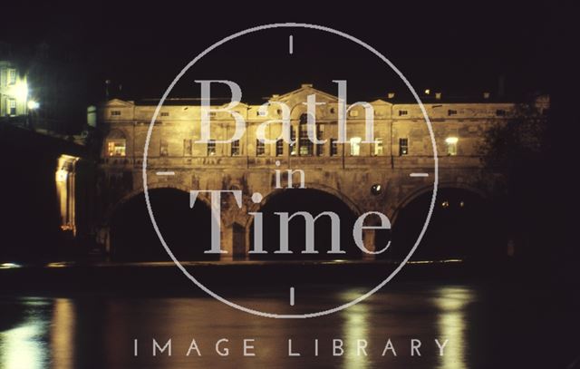 Pulteney Bridge and weir illuminated at night, Bath c.1960