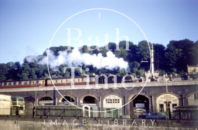 Steam train crossing the viaduct and railway arches in Bath c.1959