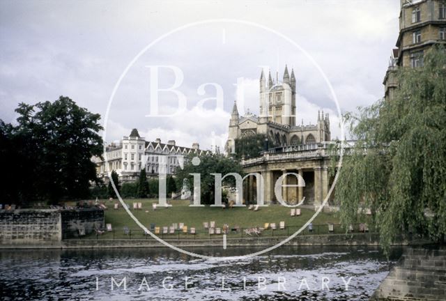 Parade Gardens and deckchairs, viewed across the River Avon, Bath c.1960