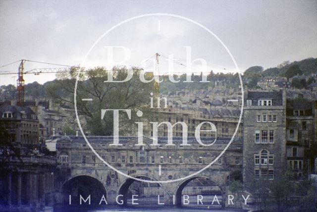 Pulteney Bridge with the Beaufort (Hilton) Hotel being constructed in the background, Bath c.1972