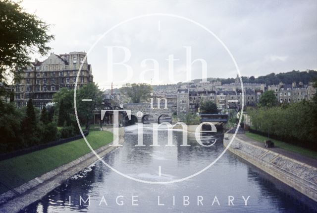 View down the River Avon from North Parade Bridge, Bath c.1972