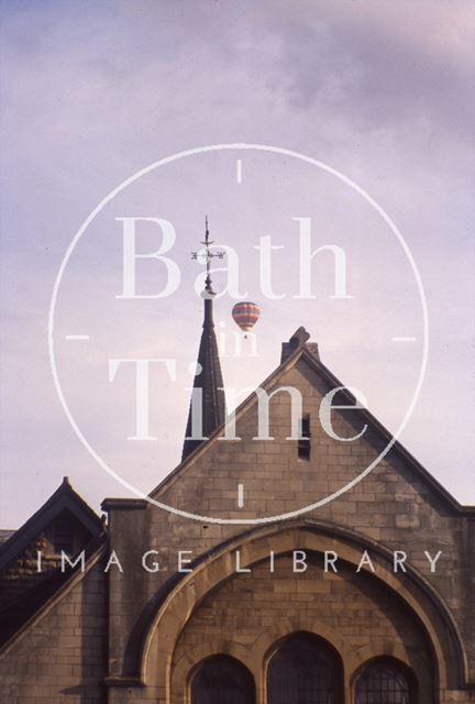 Exterior of Beechen Cliff Church with passing hot air balloon, Bath c.1960