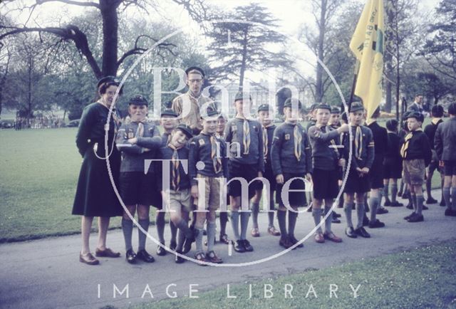 Boy scout group (cubs?) with Royal Crescent in the distant background, Bath 1960s