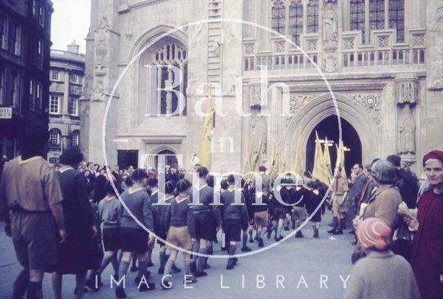 Cub scouts marching into the west door of Bath Abbey c.1960