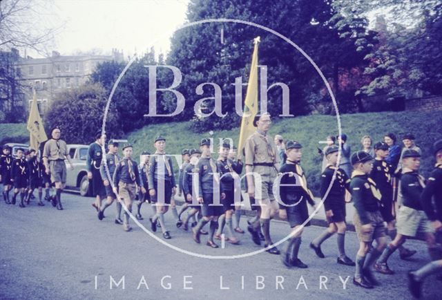 Cub scouts marching along Royal Avenue, Royal Victoria Park, Bath c.1960