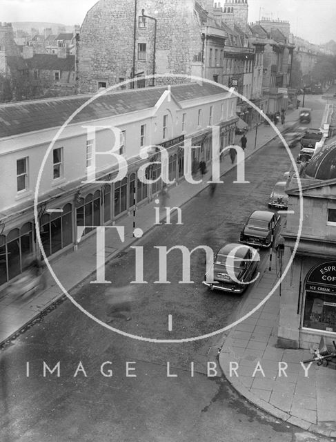 Looking down over Pulteney Bridge and shops, Bath c.1960