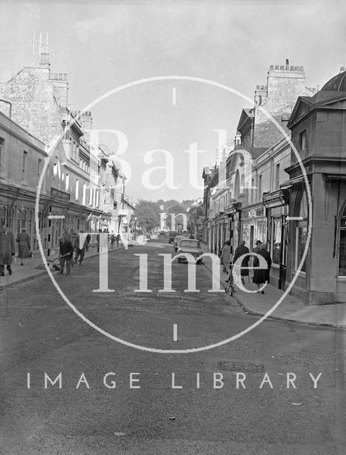 Looking down over Pulteney Bridge and shops, Bath c.1960