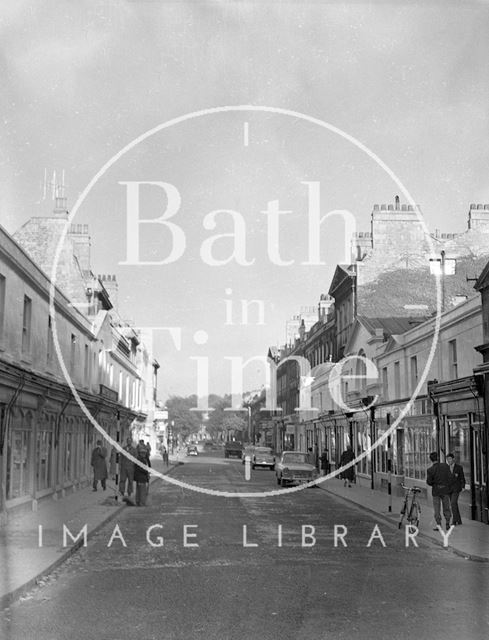 Looking down over Pulteney Bridge and shops, Bath c.1960