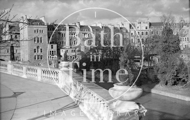 View of the ruined Bathwick Mill and Pulteney Bridge from Grand Parade, Bath c.1960