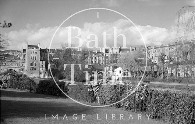 View of the ruined Bathwick Mill and Pulteney Bridge from Parade Gardens, Bath c.1960