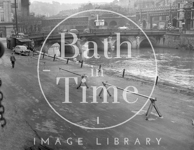 The riverside at Broad Quay, looking toward the Old Bridge, Bath c.1957