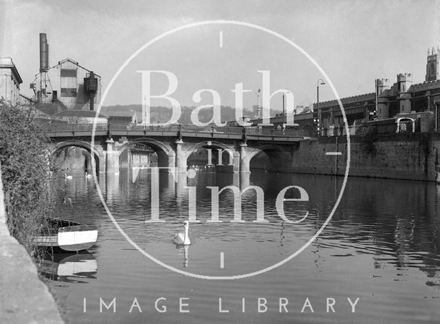 The riverside at Broad Quay, looking toward the Old Bridge, Bath c.1957