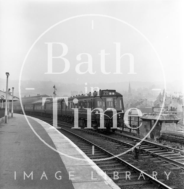 A diesel train departing Bath Spa Station, Bath c.1963