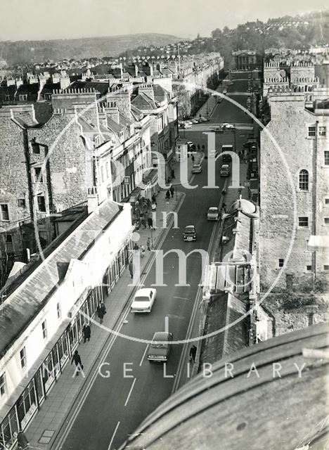 Looking down onto Pulteney Bridge from the roof of the Victoria Art Gallery, Bath c.1960