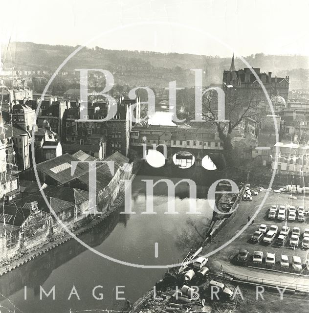 View of the rear of Pulteney Bridge and Walcot Street Car Park from above, Bath 1971