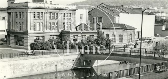 The rear of Electricity House and the footbridge, Bath 1982