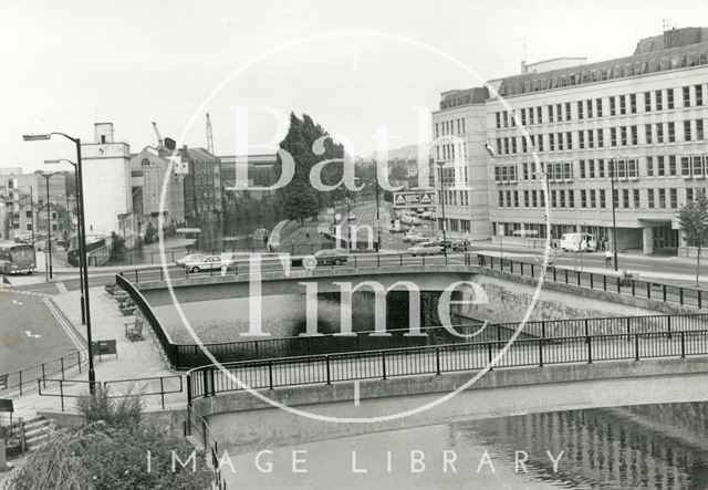 Looking down the river Avon towards Broad Quay and Churchill Bridge, Bath 1982