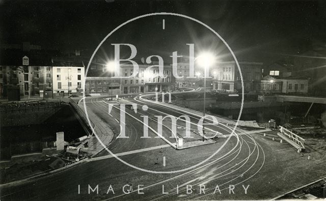 The newly constructed Churchill Bridge, Bath at night time 1965