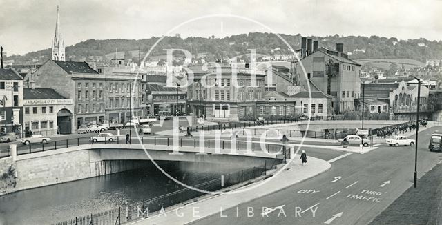 Churchill Bridge, Broad Quay, Churchill House and the coal fired power station, Bath c.1969