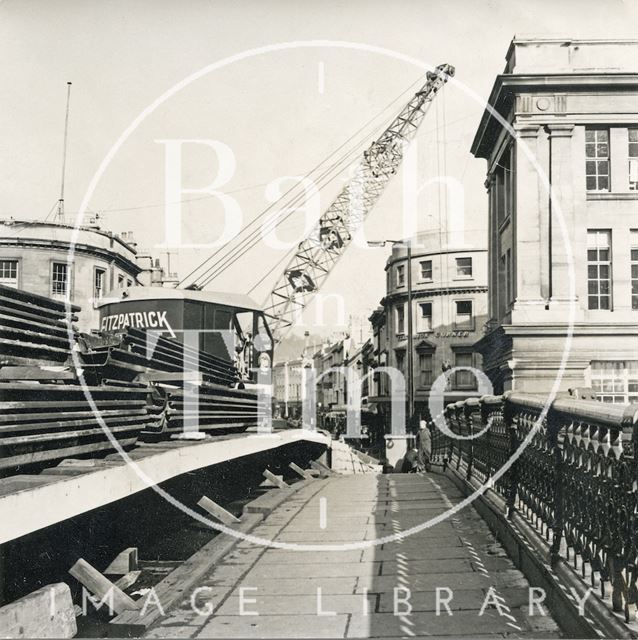 Contractor's crane preparing to demolish the Old Bridge, Bath 1964