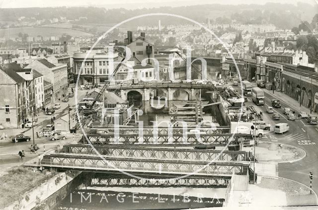 The Wessex Bailey Bridges, Old Bridge and a view up the River towards Bath Spa Station, Bath 1964