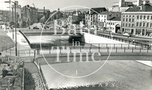 The newly constructed Churchill Bridge and old Broad Quay, Bath c.1968