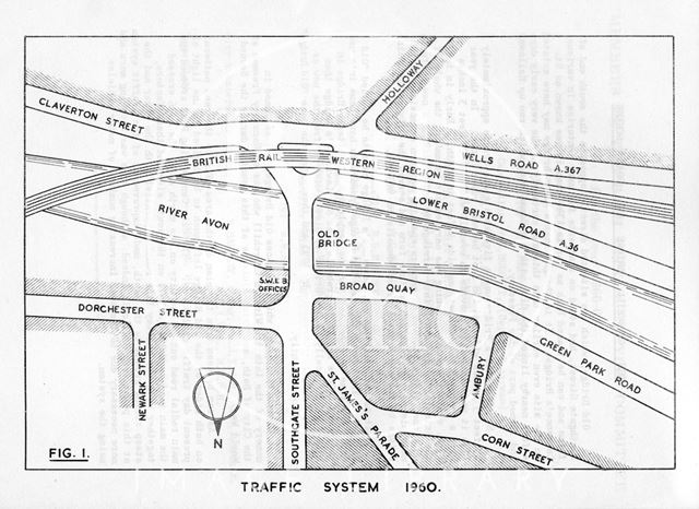 The traffic system at the bottom of Holloway, Bath 1960