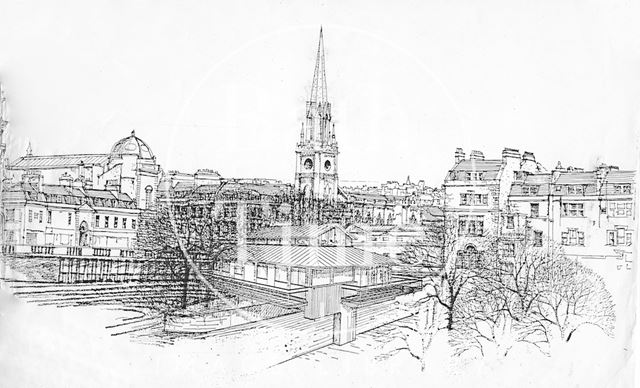 An artist's impression for a restaurant on the platform on Pulteney Sluice, Bath 1985