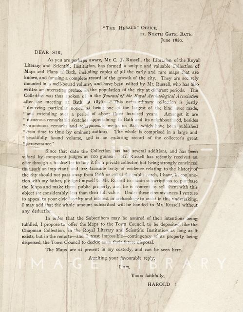 Letter to the Bath Herald Office from Harold? regarding the transfer of the Russell Maps Vol. I Collection to the Town Council of Bath 1880