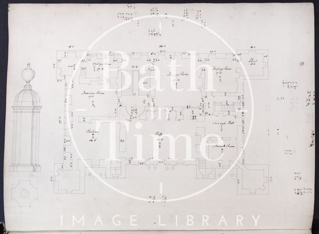 Elevation, floor plan and sketch by John Wood the elder, possibly of the Great House, Kelston c.1750