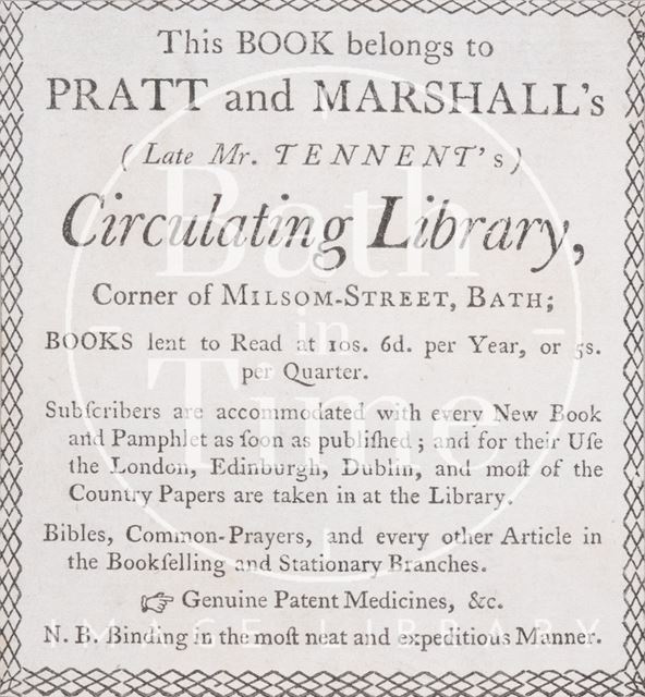 Trade card from Pratt and Marshall's Circulating Library, Bath c.1790