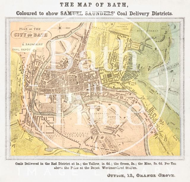 Plan of the City of Bath coloured to show Samuel Saunders' Coal Delivery Districts 1850?