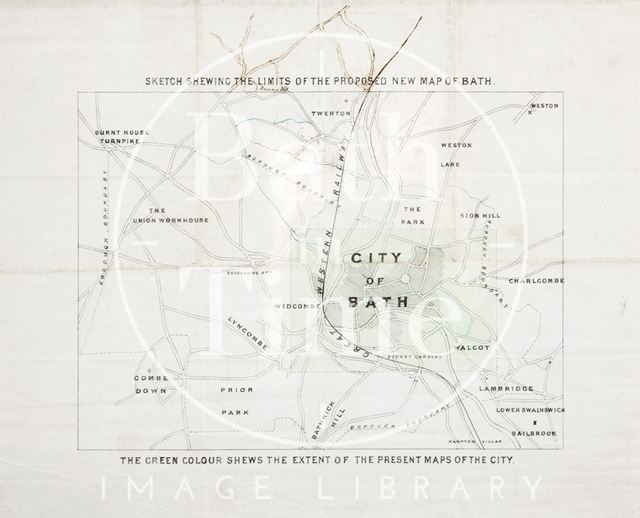 Sketch showing the limits of the proposed new map of Bath c.1850